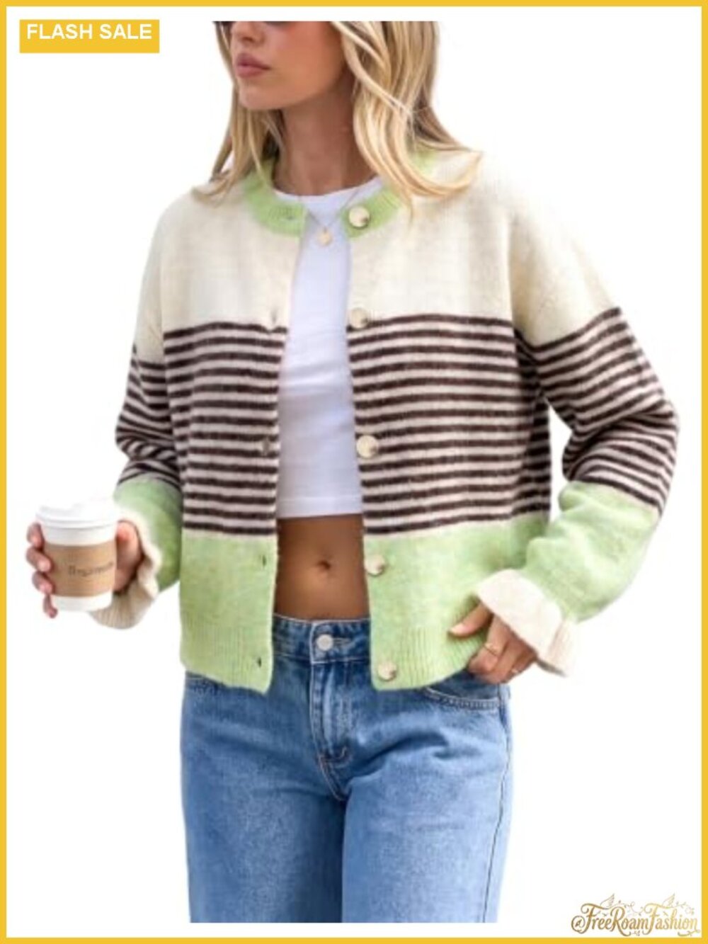 Womens Striped Puff Sleeve Knit Button Cardigan Cozy Fall Winter Sweater
